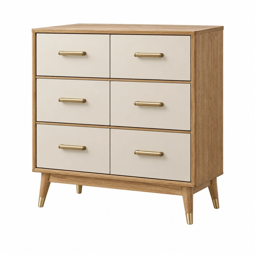 Cómoda de 100 x 45 x 95 cm con 6 cajones en madera natural y blanco estilo moderno