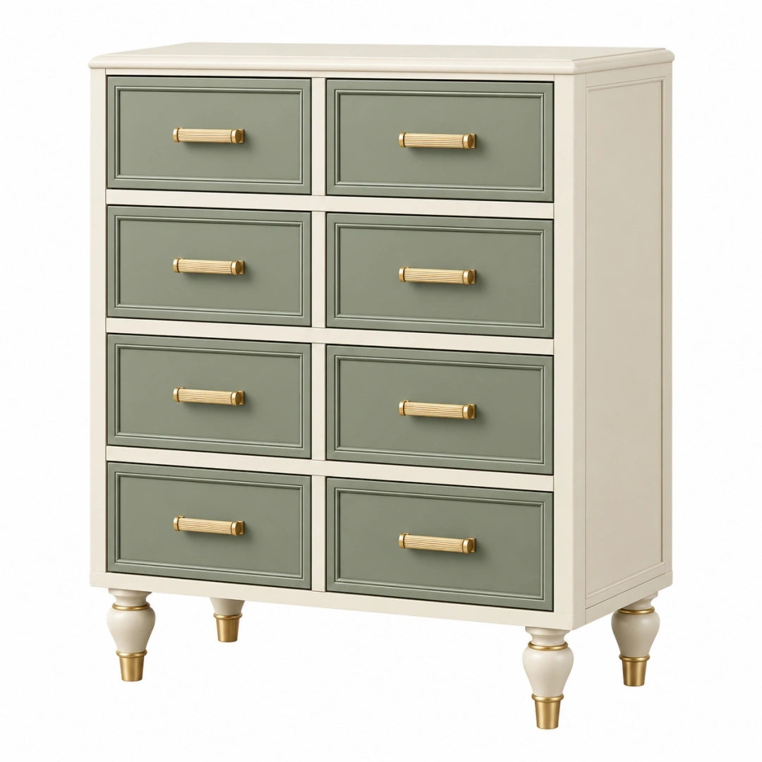 Cómoda de madera 120 x 45 x 110 cm verde salvia y crema con 8 cajones estilo clásico