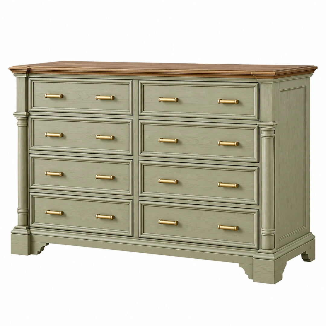 Cómoda 160 x 45 x 95 cm de madera verde grisáceo con 8 cajones estilo clásico