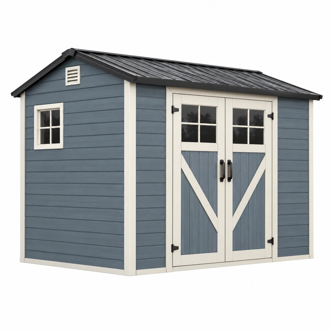 Cobertizo de jardín 180 x 120 x 180 cm de resina azul grisáceo con puertas dobles y ventanas