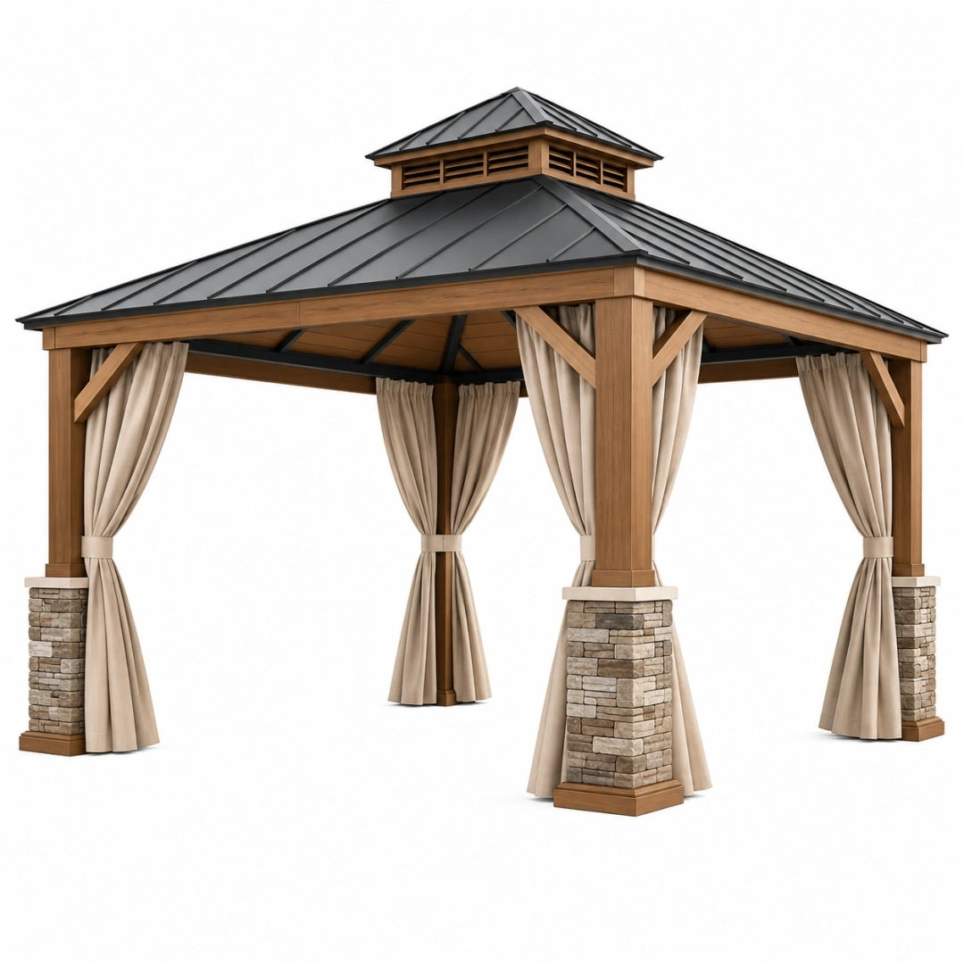 Cenador de jardín 300 x 300 cm de madera marrón con techo metálico y cortinas