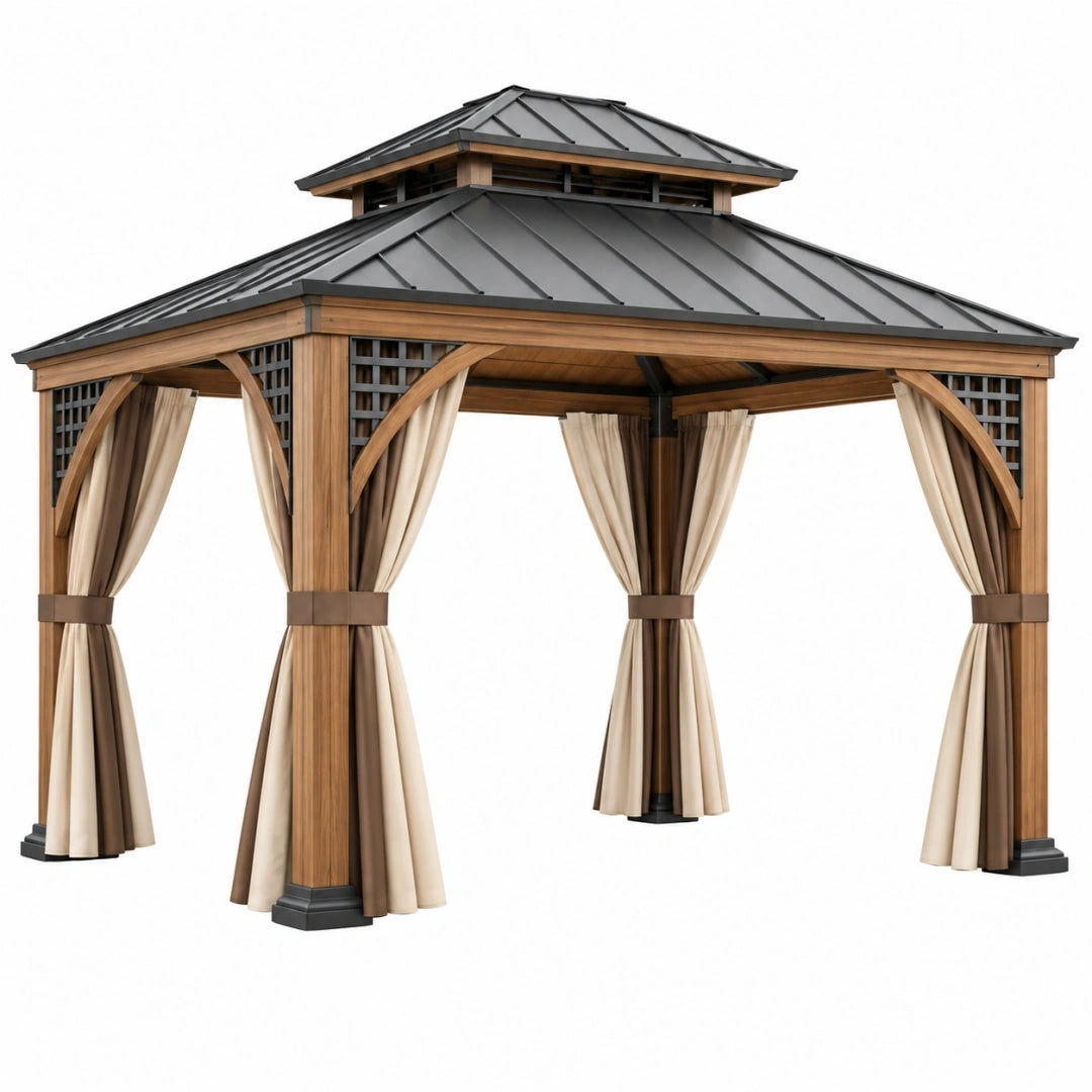 Cenador 300 x 300 x 300 cm de madera y metal marrón gris con cortinas para jardín