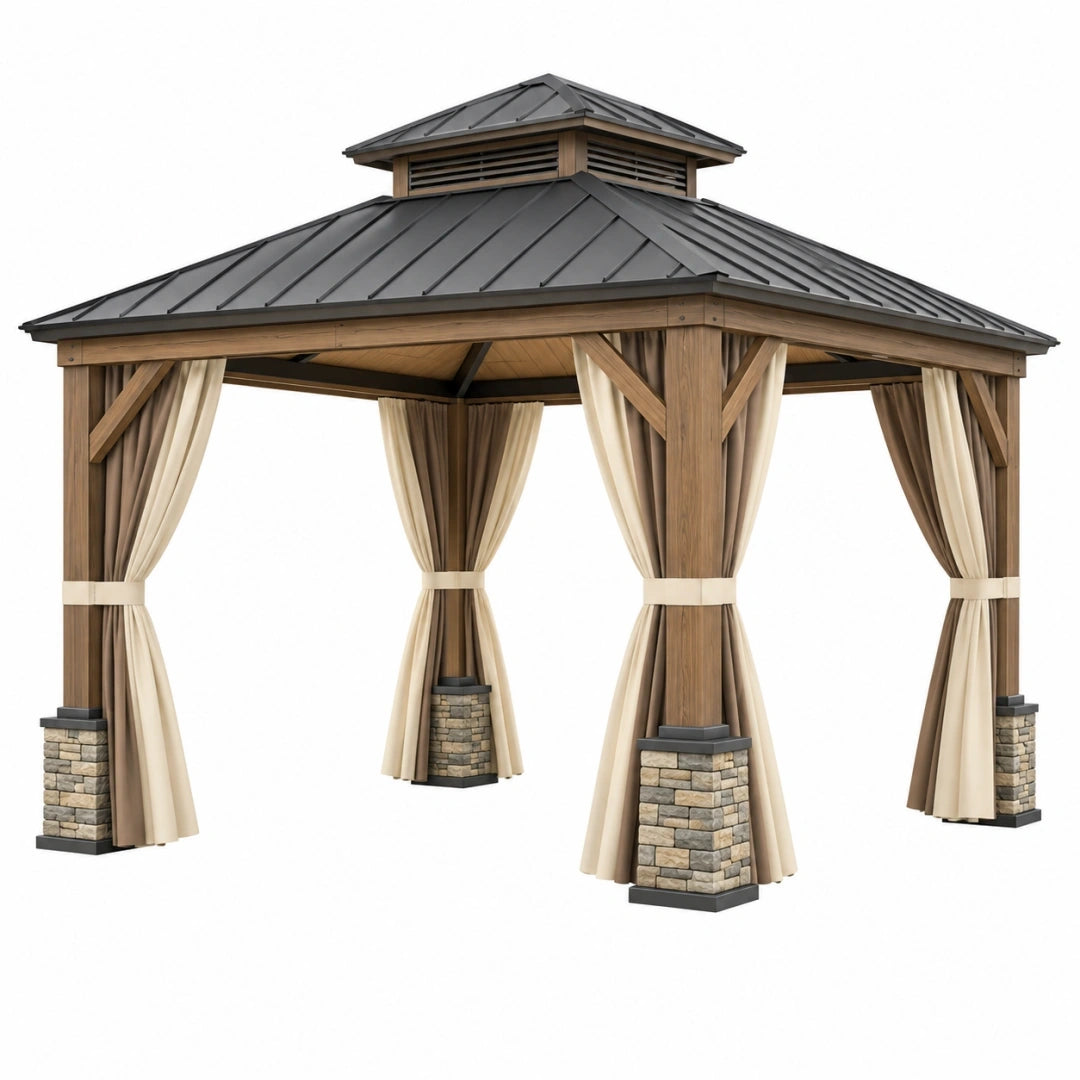 Cenador 400 x 400 cm de madera marrón con techo metálico y cortinas para exterior
