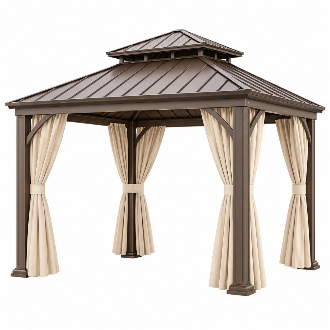 Cenador de jardín 300 x 300 x 300 cm de metal marrón con cortinas beige y techo ventilado