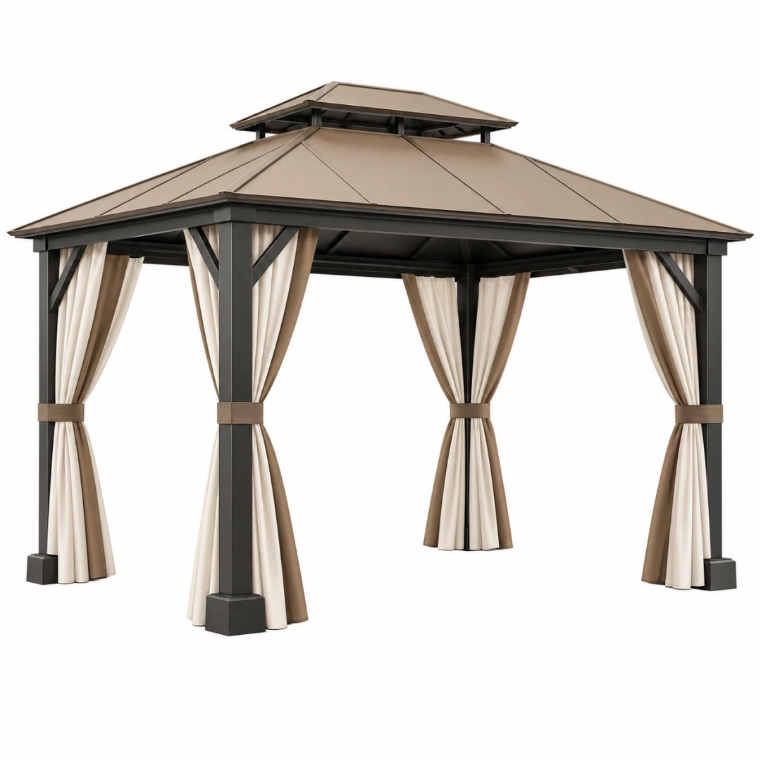 Pérgola de jardín 300 x 300 cm de metal marrón con cortinas - cubierta ventilada