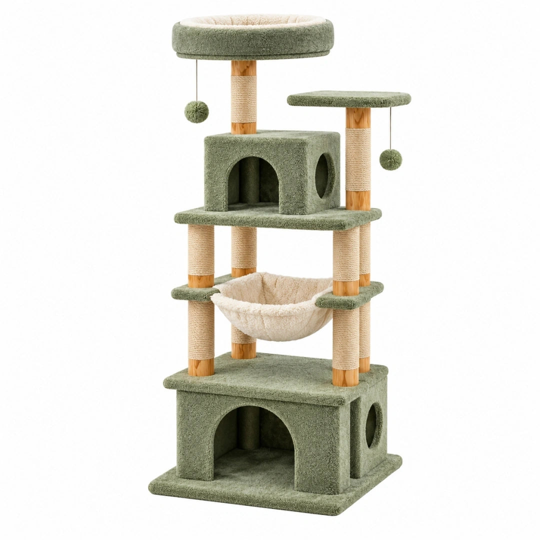 Rascador para gatos 60 x 50 x 160 cm de sisal y felpa verde con casetas hamaca y plataformas