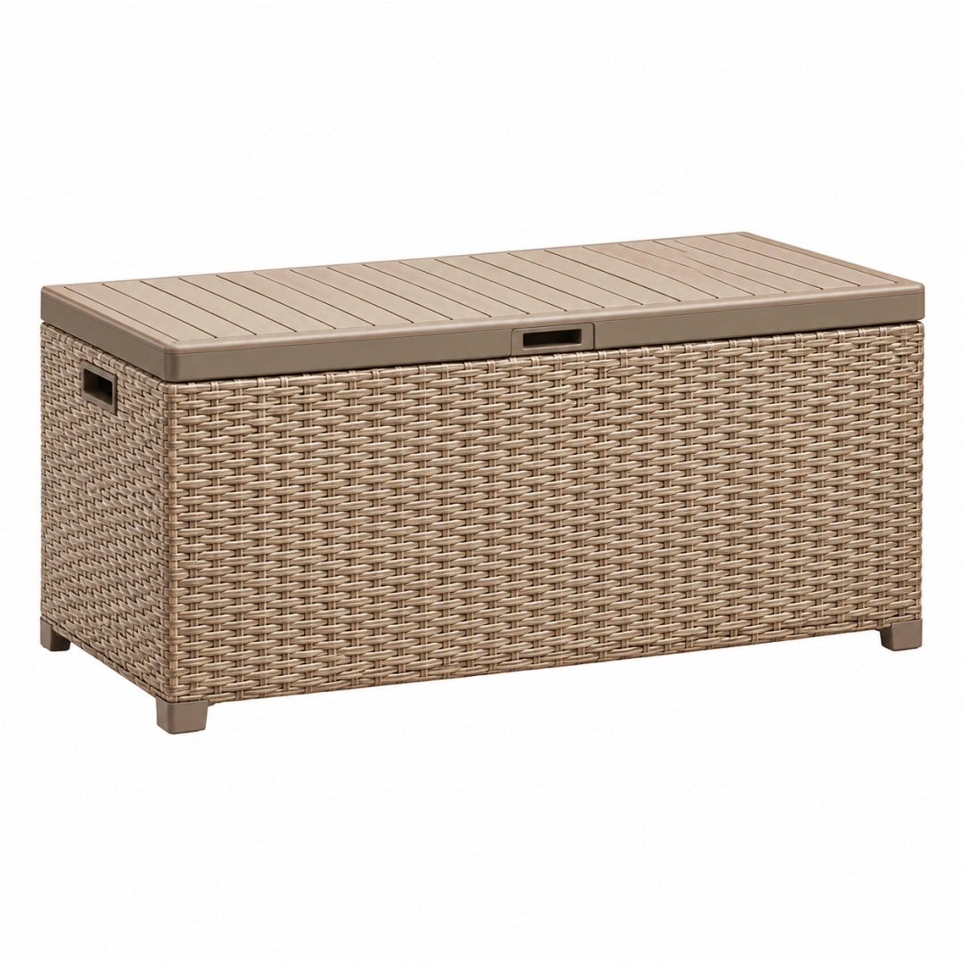 Arcón de almacenaje 120 x 50 x 60 cm de resina trenzada beige para exterior con tapa