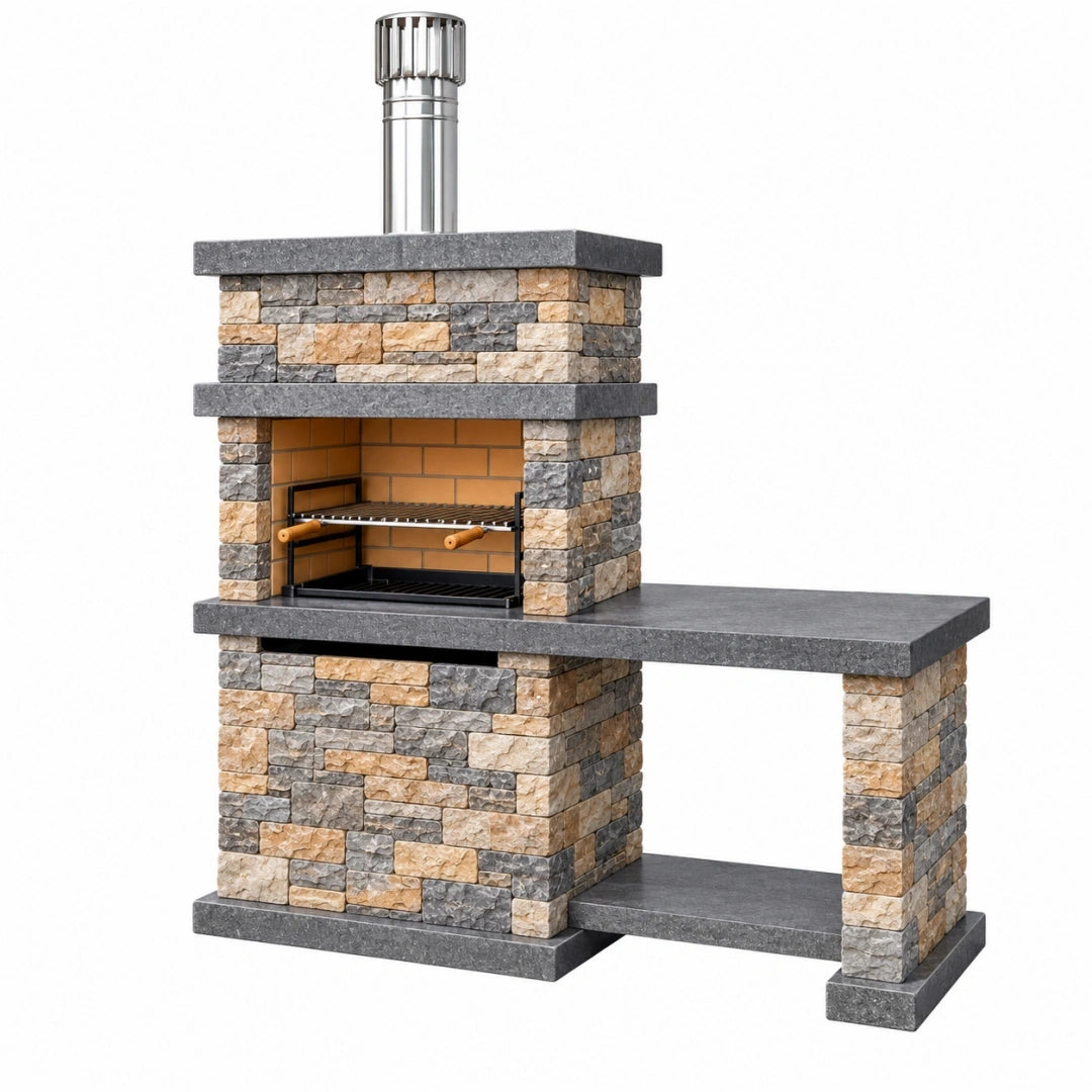 Barbacoa de jardín 200 cm de piedra y ladrillo con chimenea y encimera