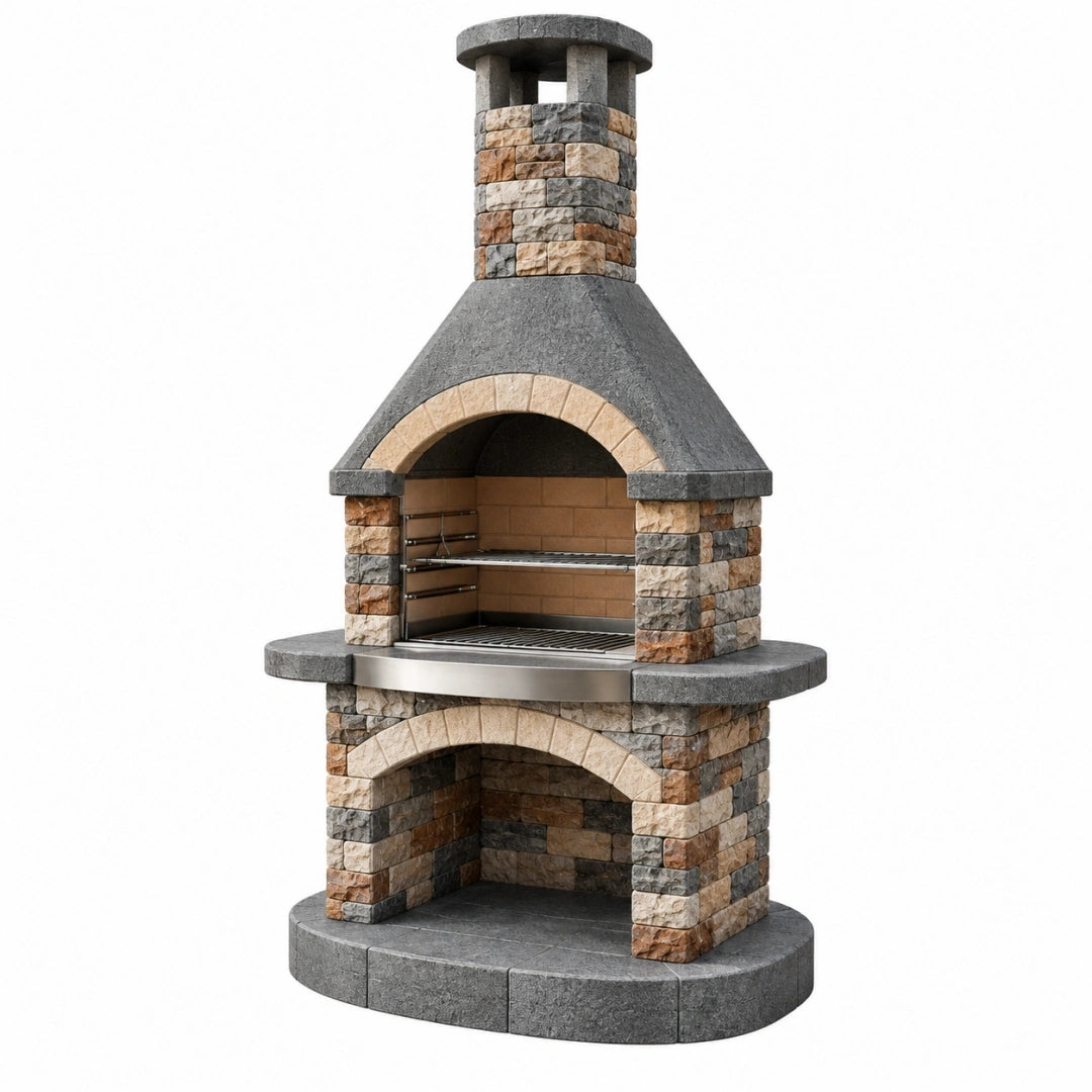 Barbacoa de obra 120 x 80 x 220 cm de piedra gris y ladrillo refractario para exterior