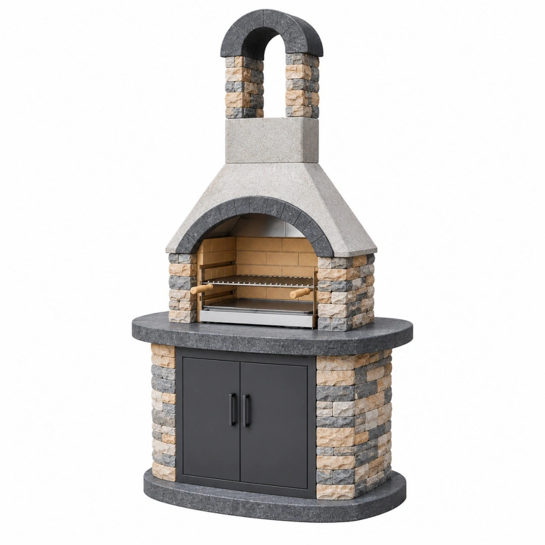 Barbacoa de jardín 120 x 70 x 220 cm de piedra y hormigón gris beige con parrilla y chimenea