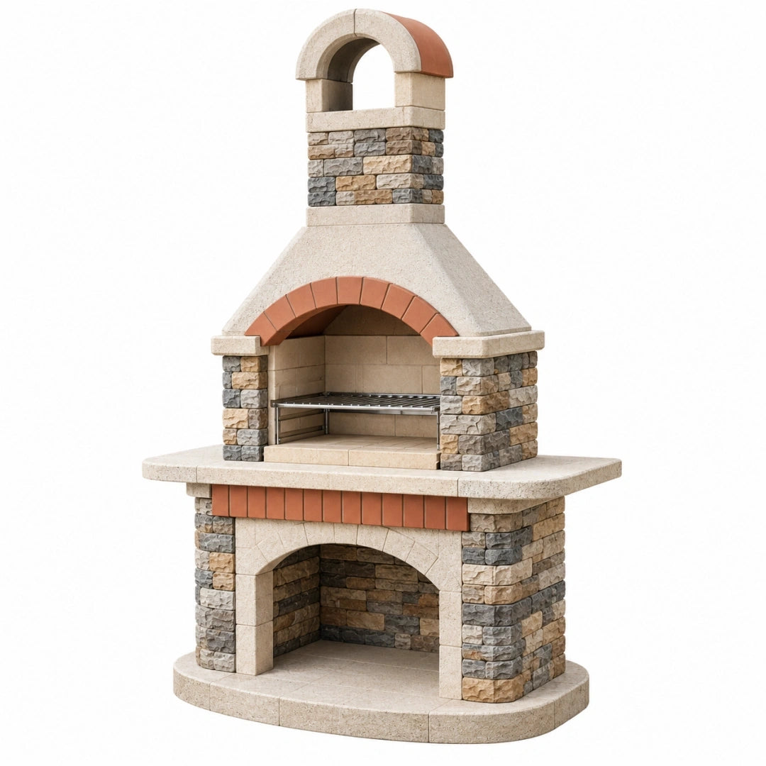 Barbacoa de obra 120 x 70 x 220 cm de piedra beige con parrilla metálica y chimenea tradicional