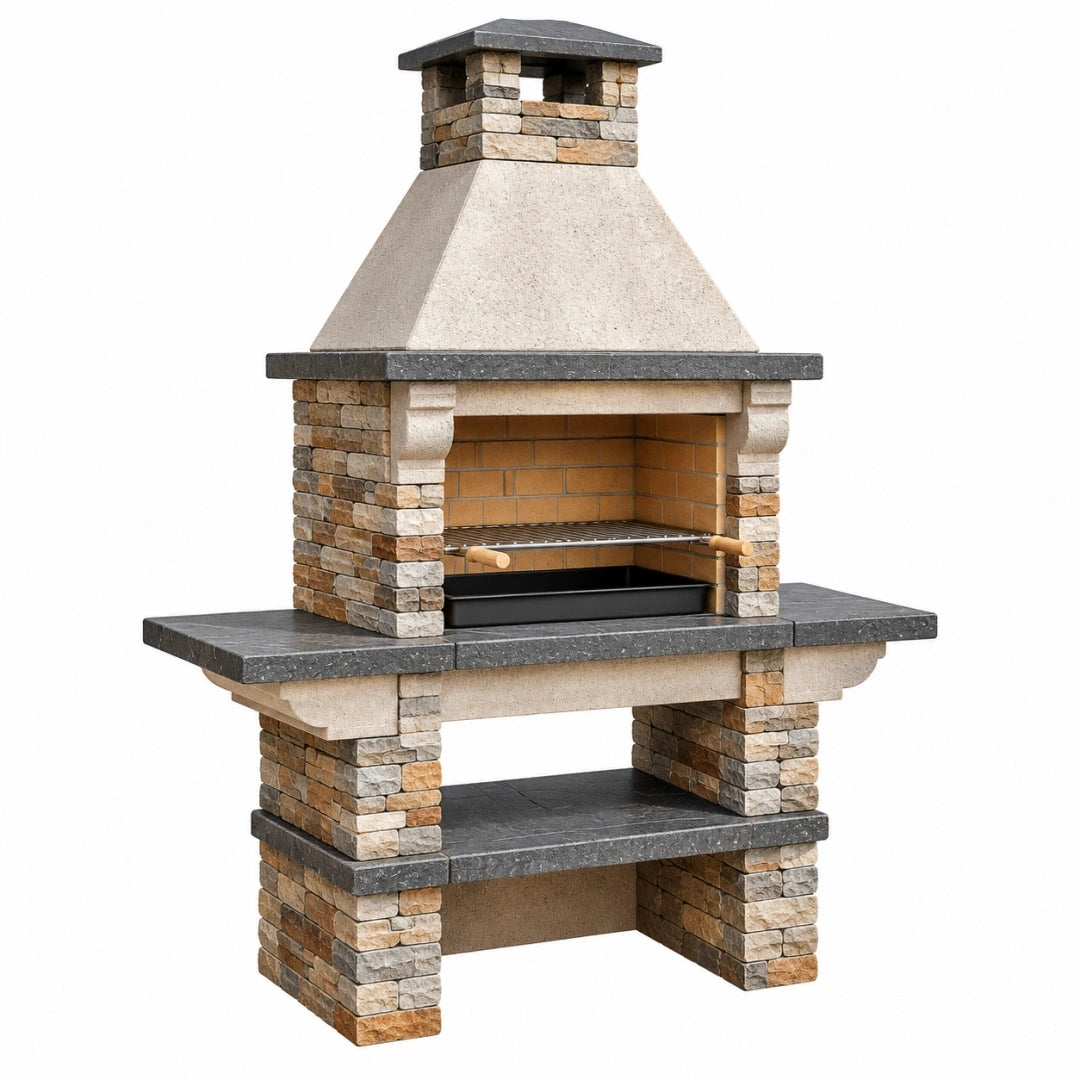 Barbacoa de obra 160 x 70 x 230 cm de piedra beige con parrilla metálica para exterior